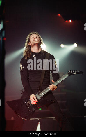 Metallica Konzert in der Arena von NEC, Birmingham. James Hetfield, Leadsänger und Gitarrist bei der Band. 4. November 1992. Stockfoto