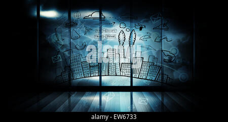 Zusammengesetztes Bild des Stadtbildes mit Brainstorm doodle Stockfoto