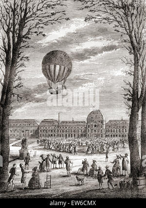 Der weltweit erste bemannte Wasserstoff-Ballonfahrt über die Champs de Mars, Paris, Frankreich im 1. Dezember 1783, pilotiert von Nicolas-Louis Robert und Professor Jacques Charles. Stockfoto