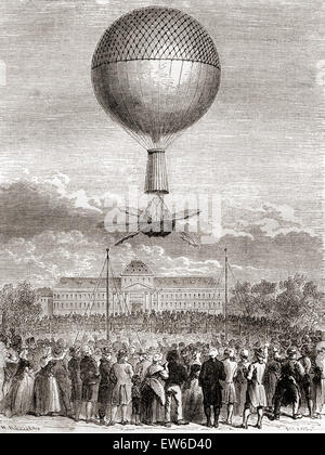 Die erste erfolgreiche Ballonfahrt von Jean-Pierre François Blanchard (1753 – 1809) auf 2. März 1784, in einem Wasserstoff-Gas-Ballon ins Leben gerufen von dem Champ de Mars, Paris, Frankreich. Stockfoto