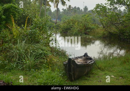 Ein kleines Boot am Ufer eines Sees in Kerala Stockfoto