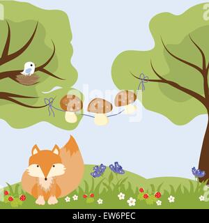 Wald Blumen Cartoon Pilz essen Erdbeeren Natur Vektor-Illustration Stock Vektor