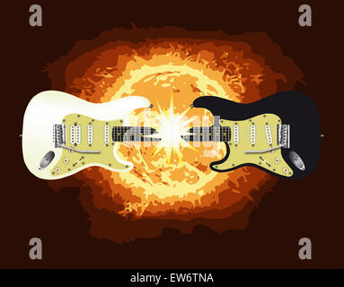 Eine schwarze und eine weiße e-Gitarre zusammen am Hals und schaffen einen großen Blitz. Stockfoto