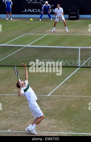 HERTOGENBOSCH, Niederlande. 14. Juni 2015. ATP Topshelf Herren-Einzel-Tennis-Finale. Nicolas Mahut vs. David Goffin. Nicolas Mahut (FRA) dient, David Goffin (BEL) © Action Plus Sport/Alamy Live News Stockfoto