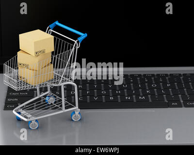 3D-Bild.  Laptop mit Shopping Cart und Kartons. E-Commerce Konzept Stockfoto