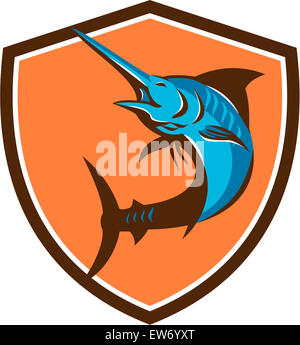 Abbildung von einem blauen Marlin Fische springen gesehen von vorne innen Schild Wappen auf isolierte Hintergrund getan Retro-Stil festgelegt. Stockfoto