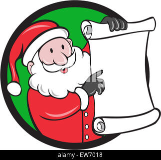 Illustration des Santa Claus Sankt Nikolaus Vater Weihnachten Lächeln auf den Lippen halten Papier Blättern auf der Liste, die im inneren Kreis Stockfoto