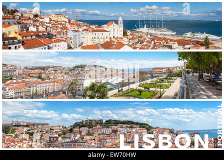 Panorama Bild Mosaik-Collage von Lissabon Stadt Standpunkte - Miradouros in Portugal Stockfoto