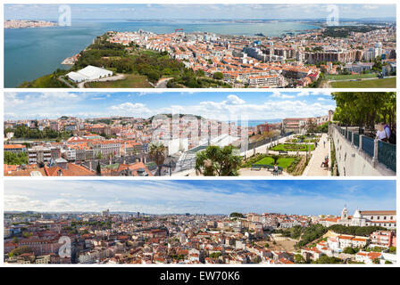 Panorama Bild Mosaik-Collage von Lissabon Stadt Standpunkte - Miradouros in Portugal Stockfoto