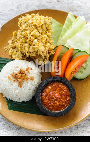 Brathähnchen Indonesisch-Stil, bekannt als Lalapan, serviert mit Reis, Sambal und Gemüse. Stockfoto