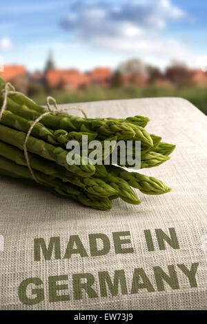 Grüner Spargel auf Tasche mit deutschen Stadt im Hintergrund und Text "Made in Germany" Stockfoto