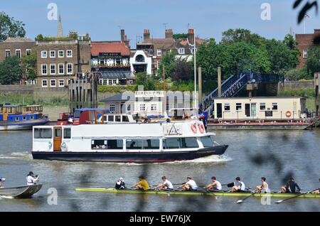 Der Themse, mit Ruderer, The Dove Pub in Hammersmith und Fluss Boote, Hammersmith, London, England, UK Stockfoto