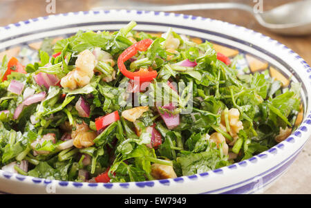 Marokkanischer Salat mit Chilis, roten Zwiebeln, Petersilie, Tomaten, Walnüsse und Granatapfel Sirup Stockfoto