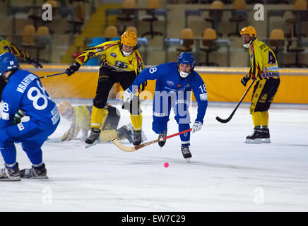 Moskau - 12. Dezember 2014: Shaburov Sergey (18) in Aktion während der russischen Bandy Liga Spiel Dynamo Moskau Vs SKA Neftyanik im Sportpalast Krilatskoe, Moskau, Russland. Dynamo gewann 9:1 Stockfoto