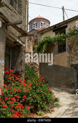 Gasse mit Blumen in Volissos, eines der schönsten Dörfer auf der Insel Chios, Griechenland Stockfoto