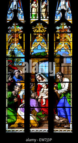 Norwich, Norfolk, England. Norwich Cathedral (1096-1145) Detail aus dem West-Fenster zeigt die Geburt Christi (1854) Stockfoto