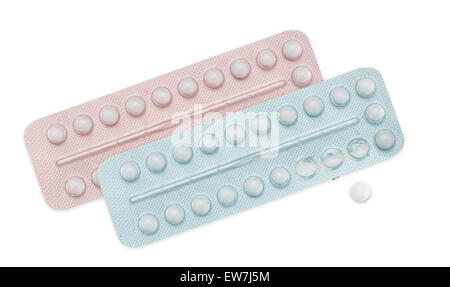 Männliche empfängnisverhütende Pille und weiblichen. Packs.On weiß. Stockfoto