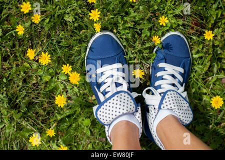 Blaue Turnschuhe auf Stars auf eine Frau Füße stehen auf der Wiese Stockfoto