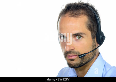 Gut aussehend Kunden-Service-Betreiber tragen einen Kopfhörer auf weißem Hintergrund Stockfoto