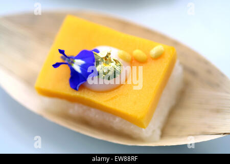 Hausgemachte Thailand Mango und klebrigen Reis Dessert mit Tropfen Kondensmilch und Blattgold und knusprigen Reis-Beilage in einem Boot. Stockfoto