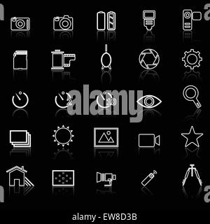 Kamera-Linie-Icons mit Spiegeln auf schwarz, Lager Vektor Stock Vektor