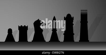 Silhouette der Schachfiguren. König und Spiel, Spiel und Schach, Dame und Bauer, Springer und Turm. Vektor-Grafik-illustration Stockfoto