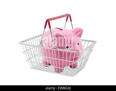 Warenkorb mit Sparschwein auf weißem Hintergrund Stockfoto