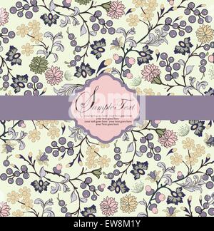 Vintage Einladungskarte mit verzierten Elegante abstrakt Floral Design, bunte Blumen auf hellgrüner Hintergrund mit lila Schleife. Vector Illustration. Stock Vektor