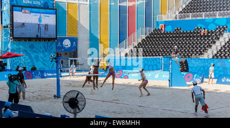 BAKU, AZERBAIJAN-THE ersten europäischen Spiele-Juni 20,2015-BEACH-VOLLEYBALL-Team spielt, der Schweiz und Spanien Stockfoto