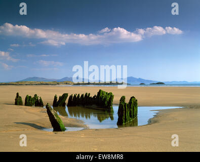 Ein Schiffswrack in den Sand der Traeth Penrhos, Anglesey, neben Malltraeth Bucht mit Llanddwyn Island & die Gipfel des Snowdonia & Lleyn darüber hinaus gefangen. Stockfoto