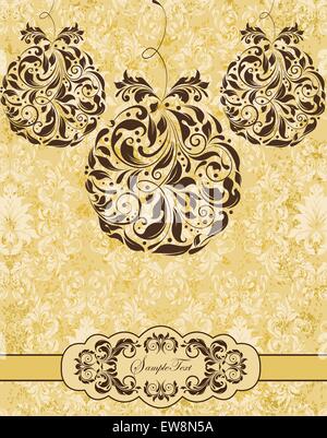 Vintage Weihnachtskarte mit kunstvollen eleganten Retro abstrakten Blumenmuster, dunkelbraunen Blumen auf pastellgelbem Hintergrund mit hängenden Kugeln und Band. Vektorgrafik. Stock Vektor