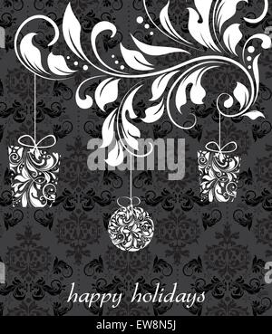 Vintage Weihnachtskarte mit reich verzierten eleganten Retro-abstrakten floralen Design, weiße Blüten auf schwarzem Hintergrund mit hängenden Geschenke ein Stock Vektor