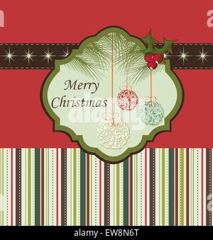 Vintage Christmas Card mit verzierten Elegante abstrakt Floral Design, hängende Ornamente Kugeln mit ponsettia ribbon Sterne und Streifen auf rotem Hintergrund. Vector Illustration. Stock Vektor