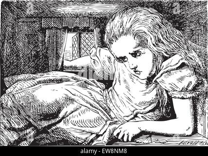 Alice im Wunderland. Alice wächst riesig (oder hoch) erneut. ... Bevor Sie die halbe Flasche getrunken hatte, fand sie ihren Kopf an der Decke, und musste sich bücken um ihren Hals aus gebrochen sind, zu speichern. Alice's Adventures in Wonderland. Abbildung kann von John Tenniel, im Jahre 1865 veröffentlicht. Stock Vektor