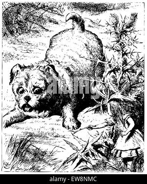 Alice im Wunderland Rosenmüllershöhle. Alice mit einem Stick zu einem enormen Welpe oder Hund: Alice's Adventures in Wonderland. Abbildung kann von John Tenniel, im Jahre 1865 veröffentlicht. Stock Vektor
