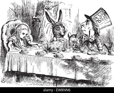 Mad Hatter's Tea Party, Alice im Wunderland original vintage Gravur. Tea Party mit der Mad Hatter, Siebenschläfer und das weiße Kaninchen. Alice's Adventures in Wonderland. Abbildung kann von John Tenniel, im Jahre 1865 veröffentlicht. Stock Vektor