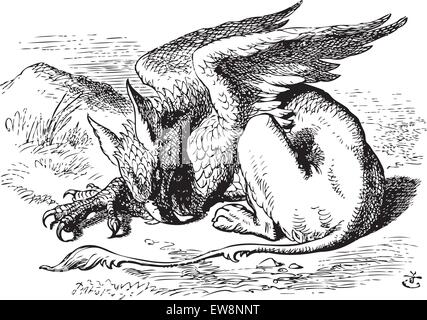 Die schlafende Gryphon - Alice im Wunderland original vintage Gravur. Sie sehr bald kam auf einem Gryphon, schlafen in der Sonne liegend. Abbildung kann von John Tenniel, im Jahre 1865 veröffentlicht. Stock Vektor