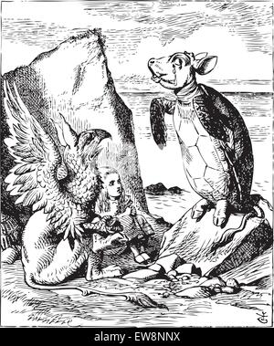 Das Mock Turtle und Gryphon singen zu Alice - Alice's Adventures in Wonderland original vintage Gravur. Abbildung kann von John Tenniel, im Jahre 1865 veröffentlicht. Stock Vektor
