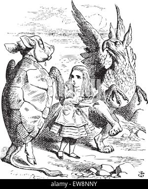 Die Lobster Quadrille - Alice's Adventures in Wonderland original vintage Gravur. Das Mock Turtle und die Gryphon Demonstration der Lobster Quadrille tanzen zu Alice. Abbildung kann von John Tenniel, im Jahre 1865 veröffentlicht. Stock Vektor