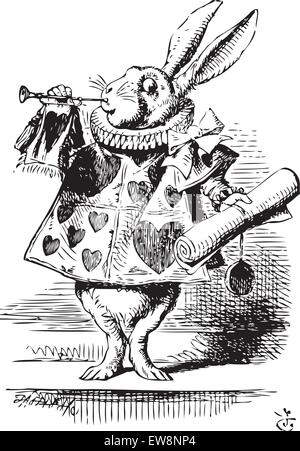 White Rabbit, gekleidet wie ein Herold, Blasen Trompete - Alice's Adventures in Wonderland original vintage Gravur. In der Nähe der King war das weiße Kaninchen mit Trompete in der einen Hand und eine Rolle Pergament in der anderen. Abbildung kann von John Tenniel, im Jahre 1865 veröffentlicht. Stock Vektor