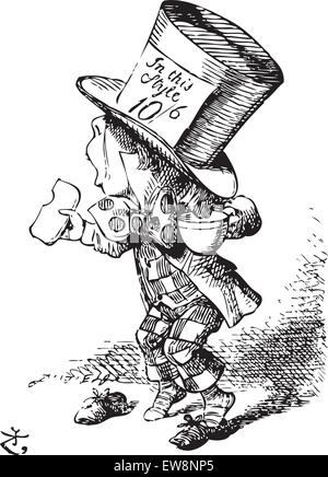 Das Mad Hatter kommt hastig vor Gericht auszusagen - Alice's Adventures in Wonderland original vintage Gravur. Der erste Zeuge war der Hutmacher. Er kam mit einer Teetasse in der Hand und einem Stück Brot-und-Butter in der anderen. Abbildung kann von John Tenniel, im Jahre 1865 veröffentlicht. Stock Vektor