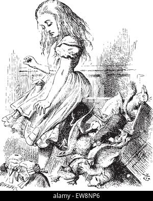 Riesige Alice kippt die Jury (buchstäblich) - Alice's Adventures in Wonderland original vintage Gravur. ... Sprang sie auf so in Eile, dass sie überzeugte die Jury gespitzt, mit der Kante ihres Rockes, aufwühlend alle jurymen auf die Köpfe der Menge... Abbildung kann von John Tenniel, im Jahre 1865 veröffentlicht. Stock Vektor