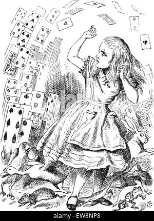 Alice im Wunderland. Nichts anderes als ein Kartenspiel. An diesem ganzen Pack erhob sich in die Luft und fielen auf ihr Fliegen... Alice's Adventures in Wonderland. Abbildung kann von John Tenniel, im Jahre 1865 veröffentlicht. Stock Vektor