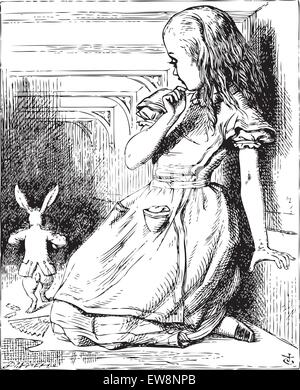 Alice im Wunderland. Alice gewachsen, groß mit Blick auf das weiße Kaninchen, die zurückkehren, prächtig gekleidet. Alice's Adventures in Wonderland. Abbildung kann von John Tenniel, im Jahre 1865 veröffentlicht. Stock Vektor