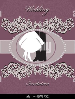 Vintage Hochzeit Einladungskarte mit verzierten elegante Retro abstrakt Floral Design, grau Blumen und Blätter auf lila Hintergrund mit Band und Ellipse Beschriftung mit Tanz von Mann und Frau Beine. Vector Illustration. Stock Vektor