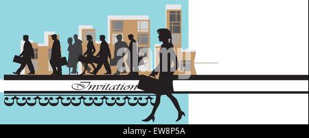 Vintage Einladungskarte mit Männern und Frauen im Business Kleidung auf hellblauem Hintergrund mit städtischen Gebäude. Vector Illustration. Stock Vektor