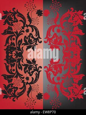 Vintage Hintergrund mit verzierten elegante Retro abstrakt Floral Design, schwarze und rote Blüten und Blätter auf Farbübergang roten und schwarzen Hintergrund mit bi-Abschnitt. Vector Illustration. Stock Vektor