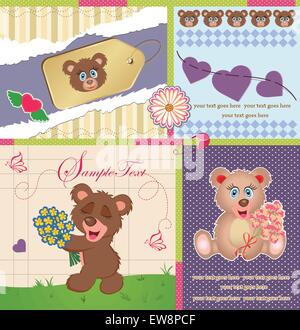 Vintage Valentine Karte mit verzierten elegante Retro abstrakt Floral Design, süßen braunen Teddybär auf verschiedenen bunten Hintergründen mit Herz blasen Streifen Blumen Punkte Sterne und Beschriftung. Vector Illustration. Stock Vektor