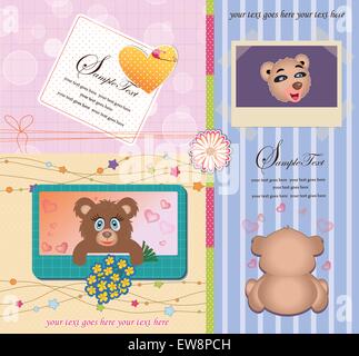 Vintage Valentine Karte mit verzierten elegante Retro abstrakt Floral Design, süßen braunen Teddybär auf hellrosa Pfirsich und blauer Hintergrund mit Herzen blasen Streifen Blumen Punkte Sterne und Beschriftung. Vector Illustration. Stock Vektor