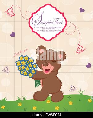 Vintage Valentine Karte mit verzierten elegante Retro Design, süßen braunen Teddybär mit boquet von Blumen auf beigen Hintergrund mit Seifenblasen herzen Schmetterlinge und Beschriftung über grüne Wiese mit gelben Blumen. Vector Illustration. Stock Vektor